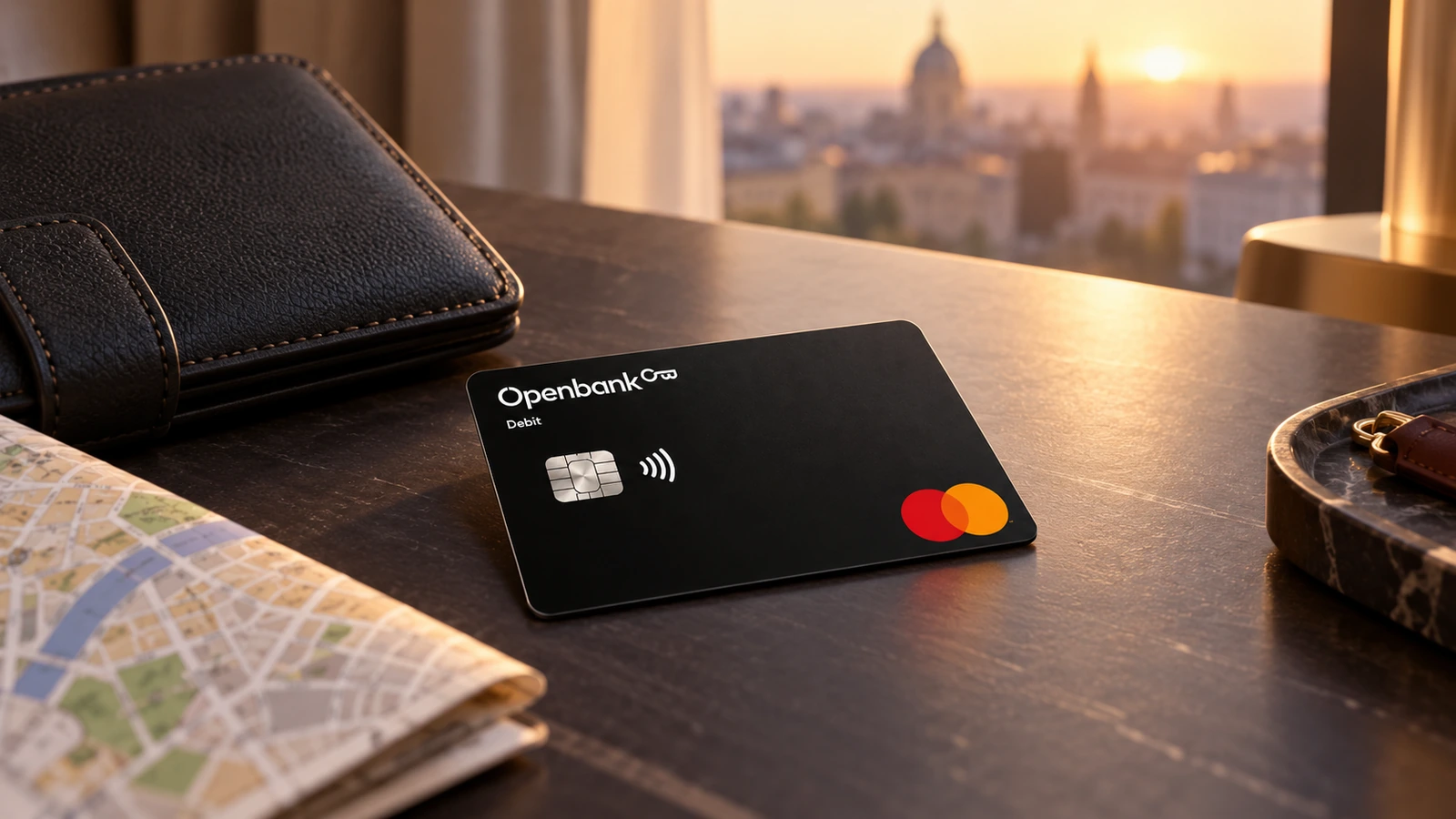 Tarjeta Open Debit de Openbank junto a una cartera de viaje y un mapa plegado.