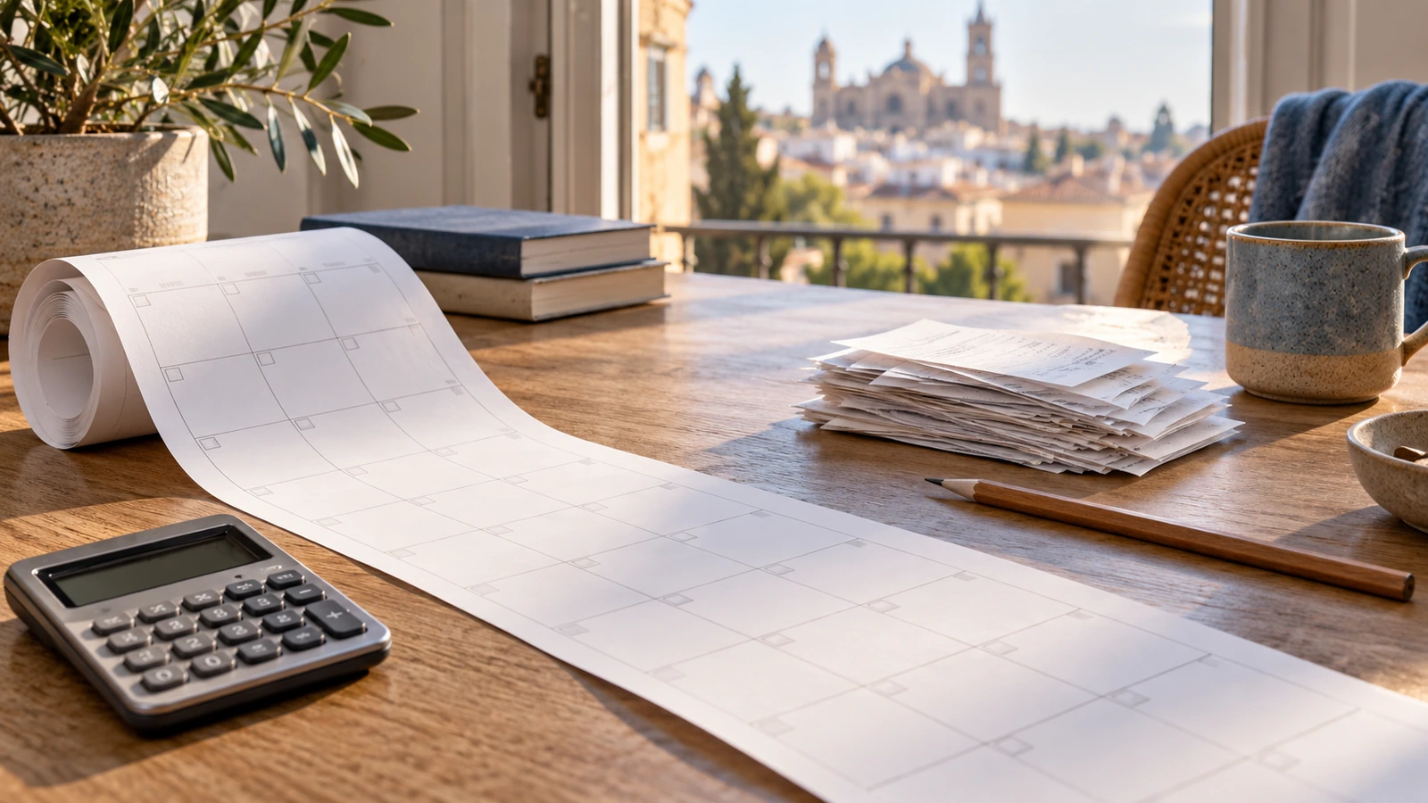 Calendario de pagos junto a una calculadora y una pila de recibos sobre una mesa.