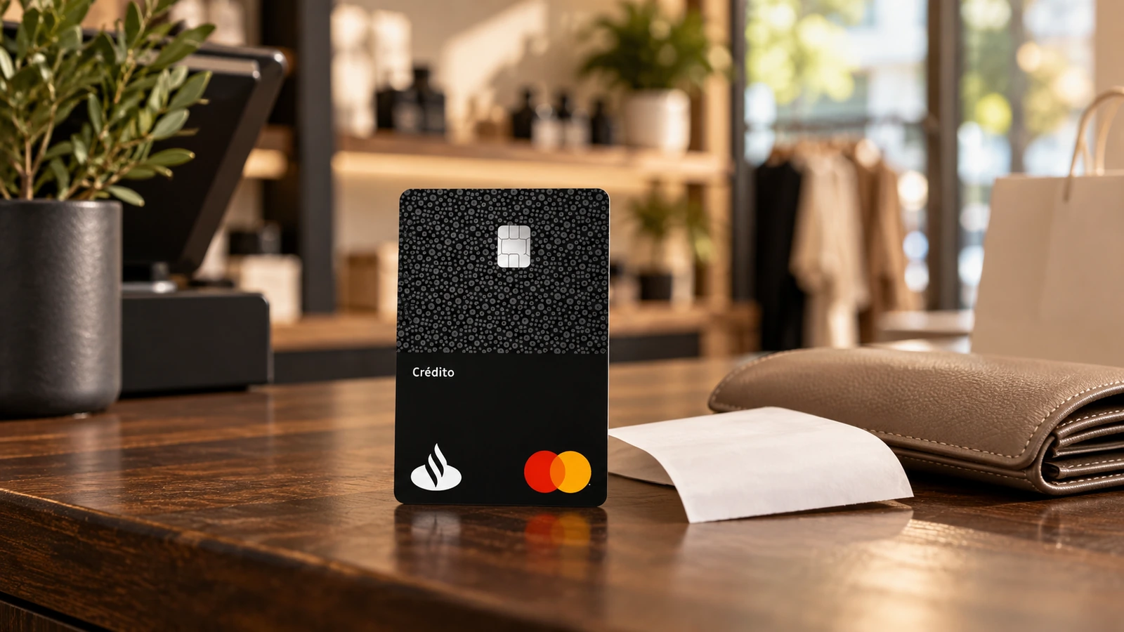 Tarjeta Crédito Santander negra junto a una cartera y un recibo sobre un mostrador.