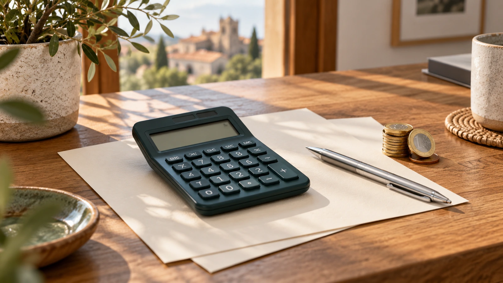 Calculadora, bolígrafo y monedas de euro sobre documentos en una mesa de madera.