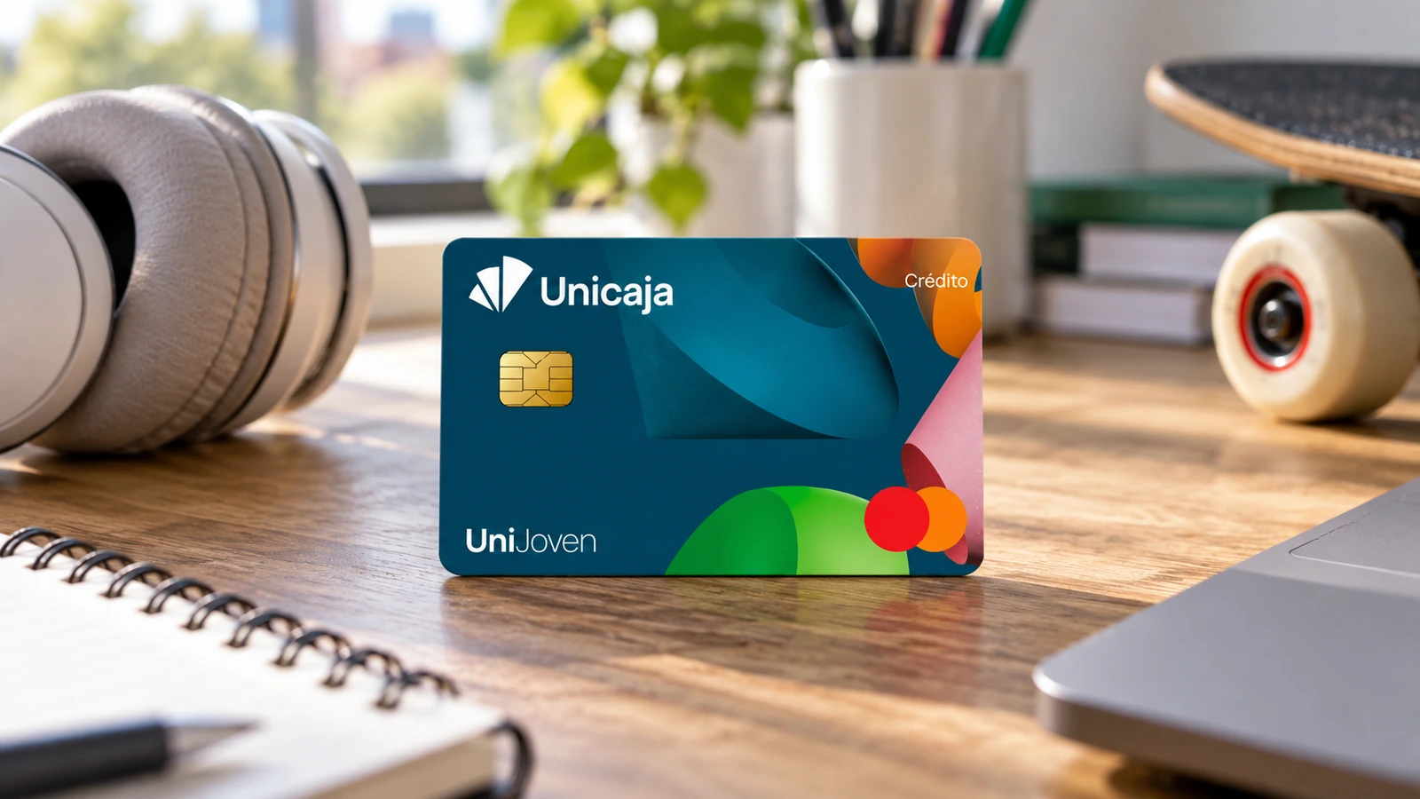 Tarjeta Mastercard Crédito Joven de Unicaja junto a unos auriculares y una libreta.