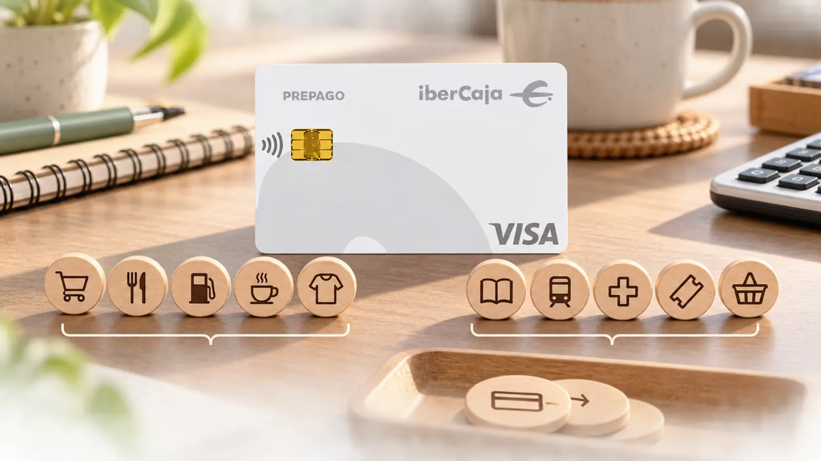 Tarjeta Visa Prepago de Ibercaja junto a fichas que representan operaciones bonificables