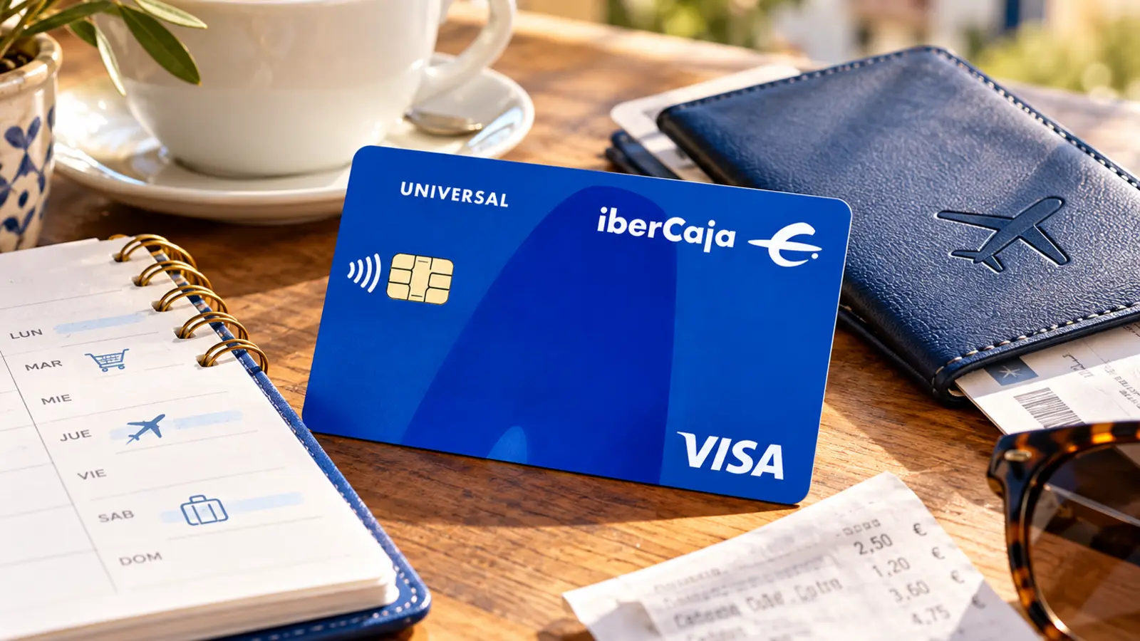 Tarjeta azul Visa Universal de Ibercaja junto a una agenda, una cartera de viaje y un recibo