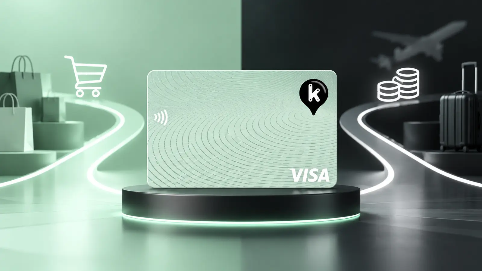 Tarjeta Visa Dual de Kutxabank en color verde menta sobre un escenario de débito y crédito