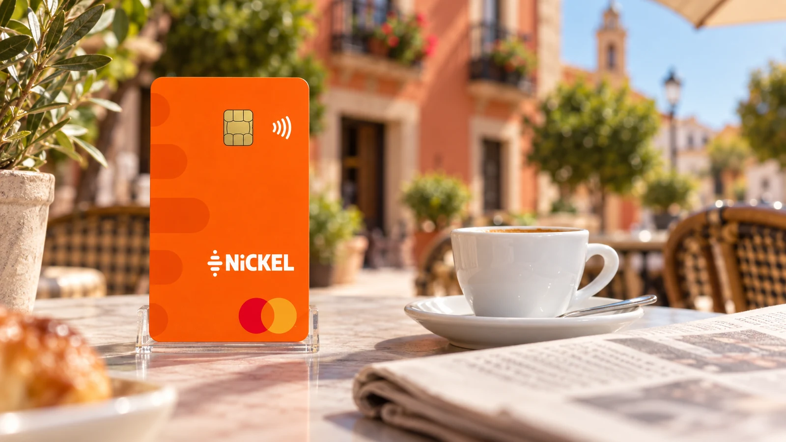 Tarjeta naranja Nickel Clásica en una mesa de cafetería con una taza de café y un periódico al fondo.
