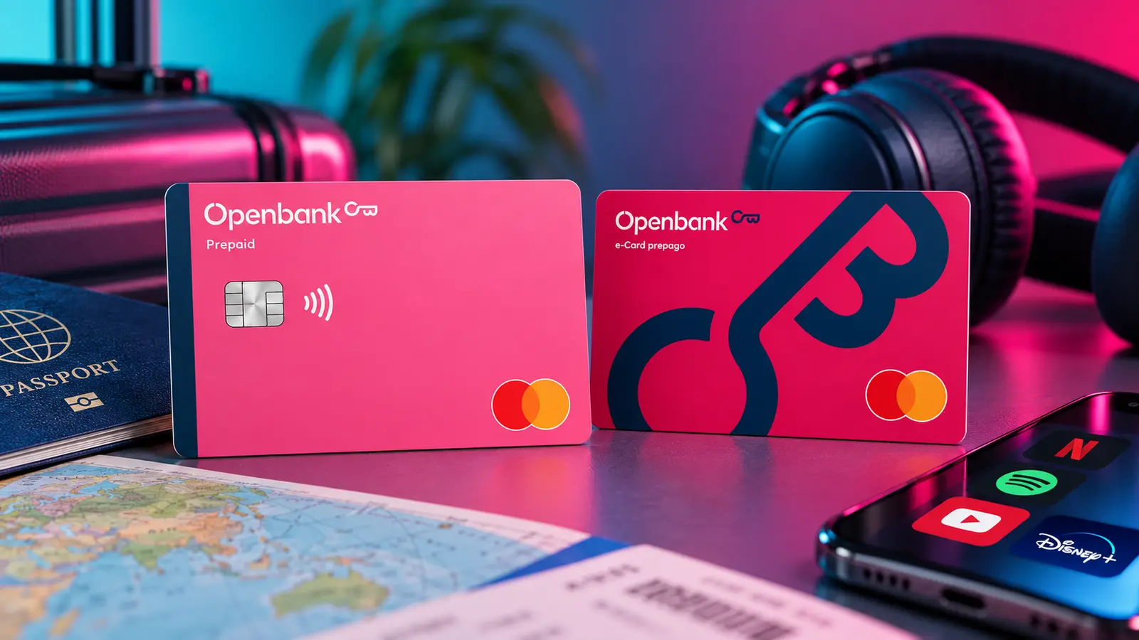 Tarjetas prepago rosa Openbank eCommerce y Open Young en un escritorio de viaje