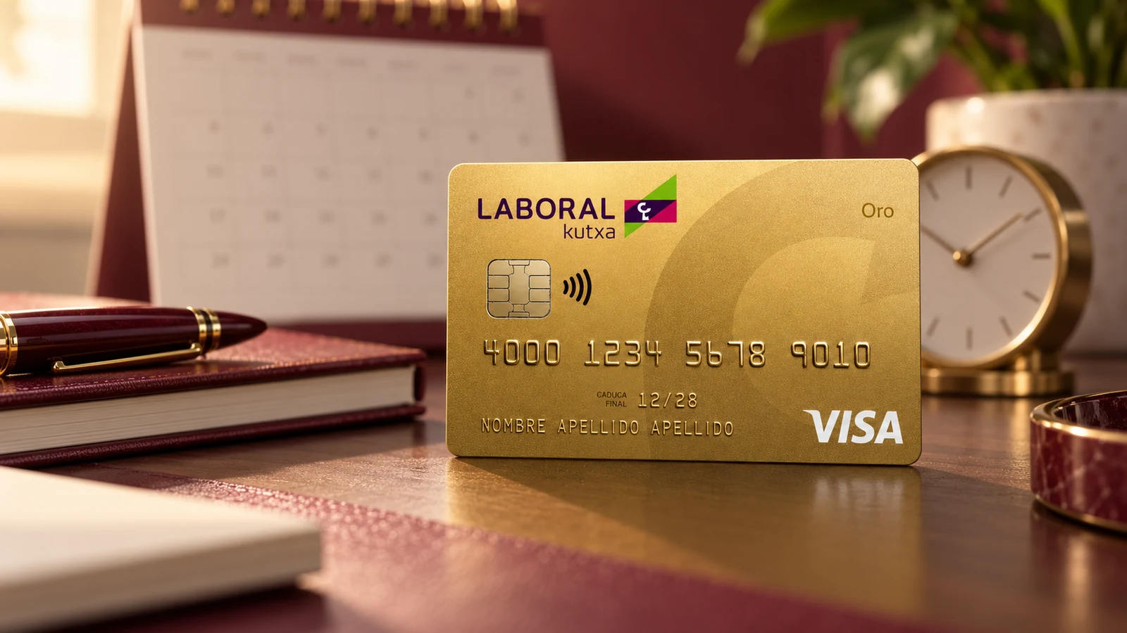 Tarjeta Visa Oro de LABORAL Kutxa delante de un calendario y un reloj, sobre una mesa con agenda granate.