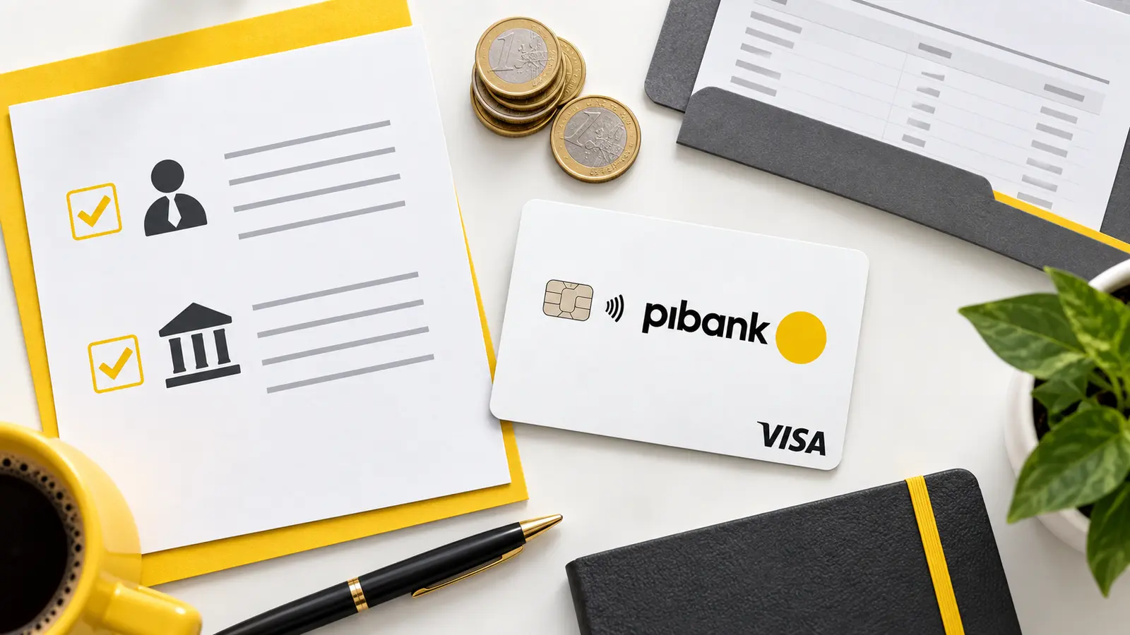 Tarjeta de Crédito Pibank blanca sobre una mesa con documentos, casillas marcadas y monedas de euro