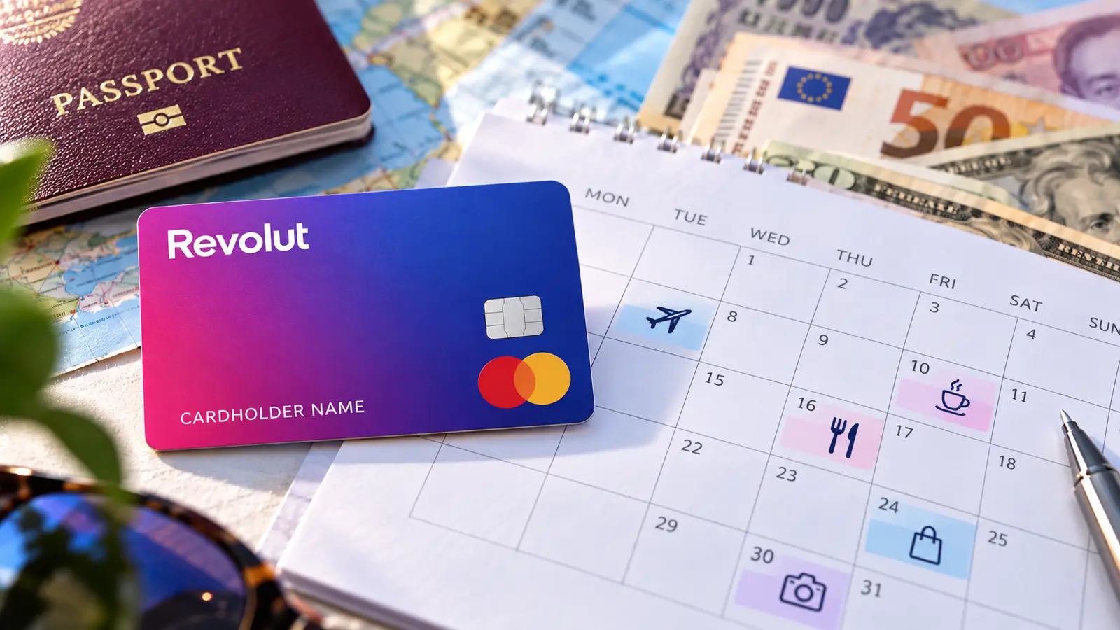 Tarjeta Revolut Standard sobre un calendario mensual con elementos de viaje