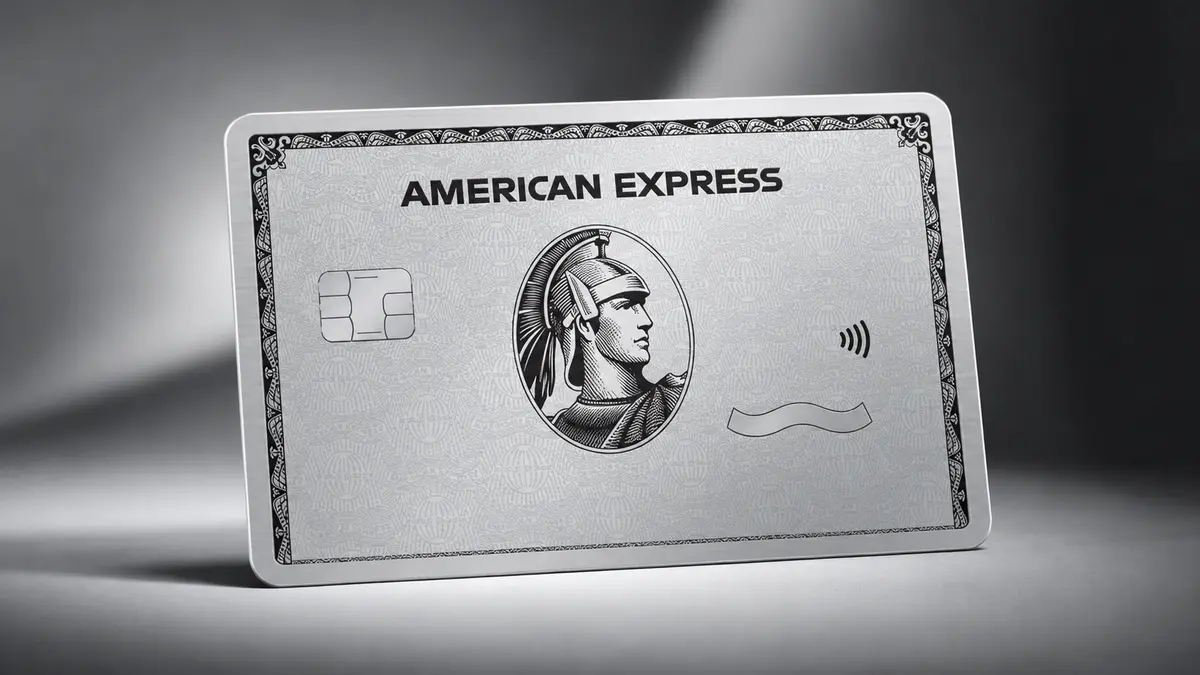 Tarjeta American Express Platinum en metal plateado con el centurión grabado, sobre un fondo gris con luz de estudio