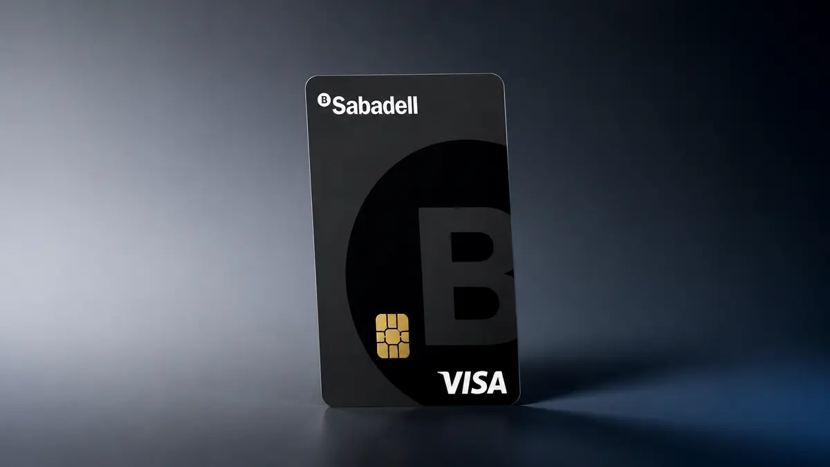 Tarjeta negra vertical de Banco Sabadell con la B del logotipo en gran tamaño, chip dorado y marca Visa