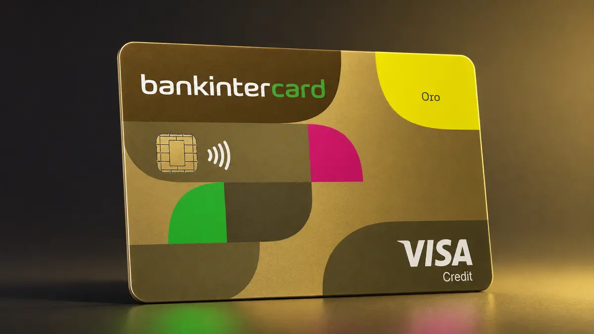 Tarjeta dorada Bankintercard Oro con formas geométricas en amarillo, rosa y verde, chip y logotipo Visa Credit
