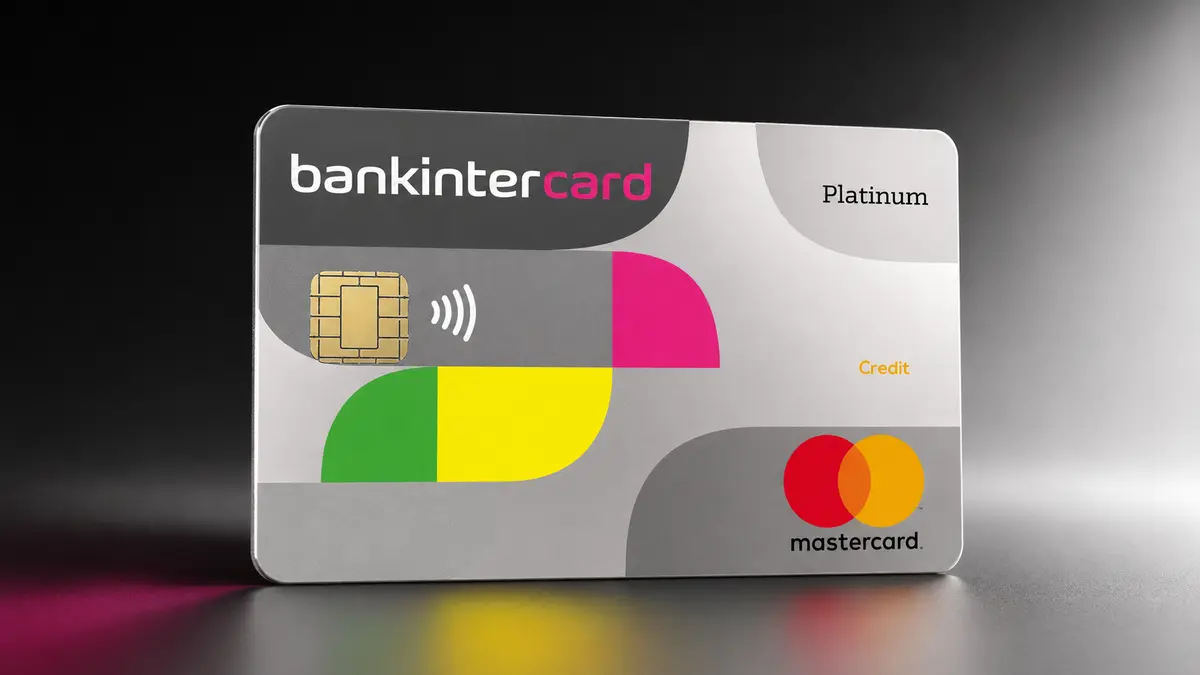 Tarjeta Bankintercard Platinum gris con formas curvas en magenta, amarillo y verde, chip dorado y logo Mastercard