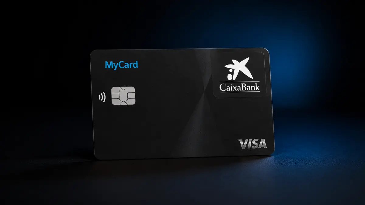 Tarjeta MyCard de CaixaBank negra con el nombre en azul, chip plateado, la estrella de CaixaBank y logo Visa