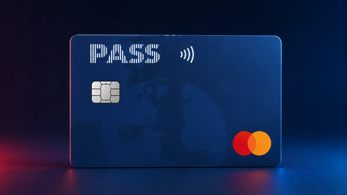 Tarjeta azul con la palabra PASS en letras rayadas, chip, contactless y logotipo Mastercard sobre fondo azul oscuro