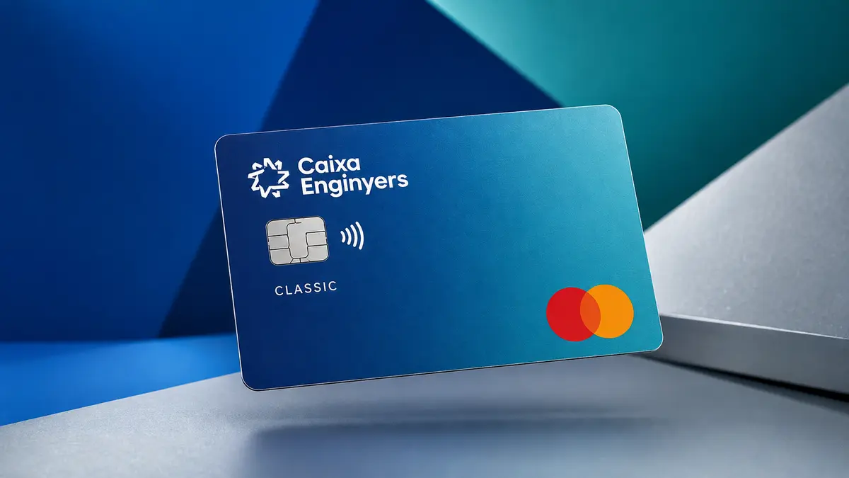 Tarjeta Classic azul de Caixa Enginyers con su logotipo estrellado en blanco, chip, contactless y símbolo Mastercard