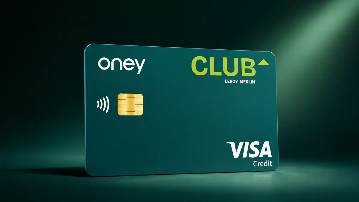 Tarjeta verde oscura Club Leroy Merlin con logotipo de Oney, chip dorado y marca Visa Credit