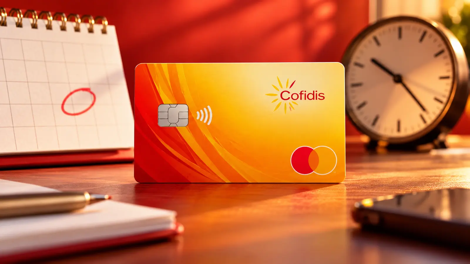 Tarjeta naranja Cofidis Mastercard delante de un calendario y un reloj