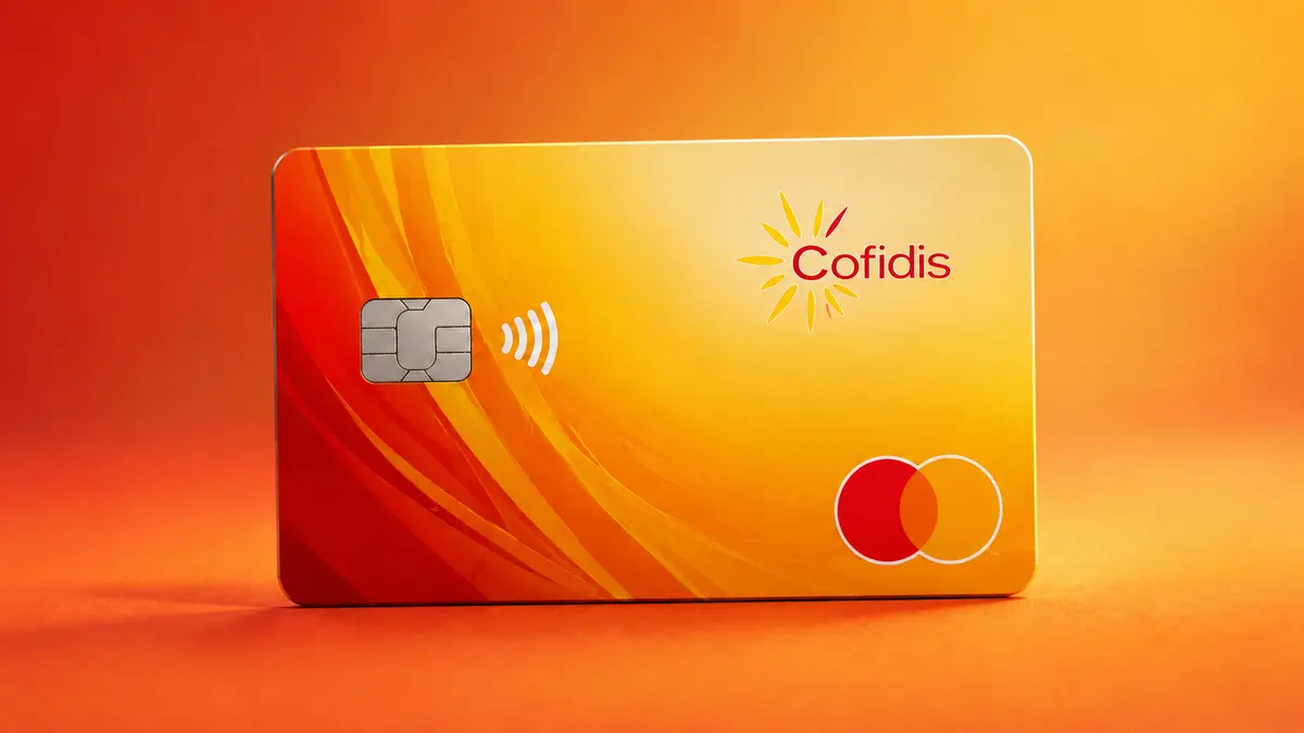 Tarjeta de crédito Cofidis naranja y amarilla con ondas rojas, el sol del logotipo Cofidis, chip y símbolo Mastercard