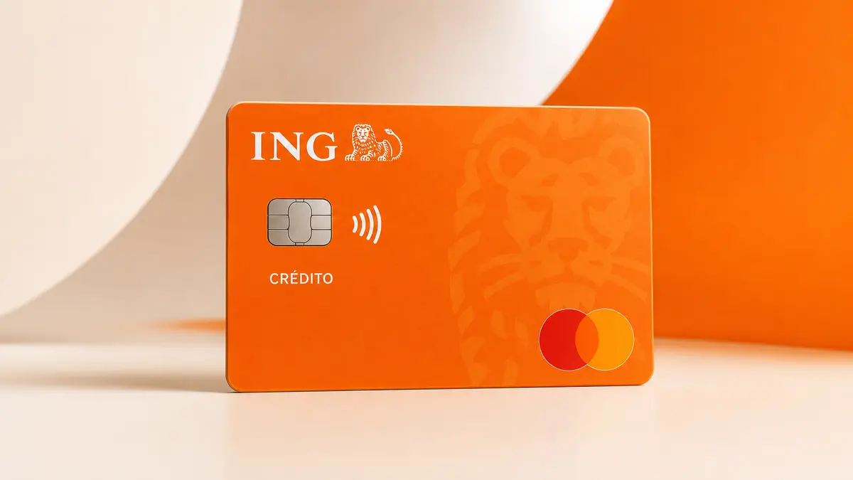 Tarjeta naranja de ING con el león del logotipo, la palabra «Crédito», chip, contactless y símbolo Mastercard