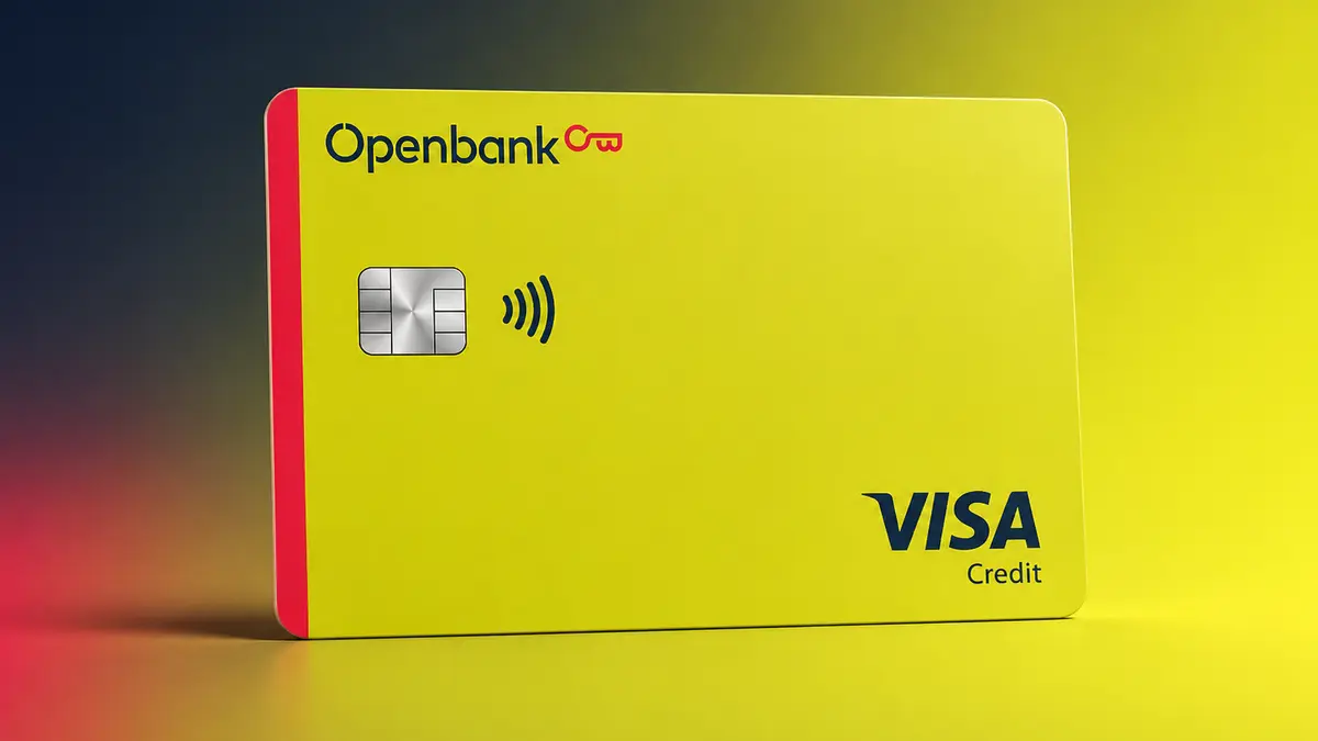 Tarjeta amarilla de Openbank con franja roja, logotipo de la llave, chip plateado y marca Visa Credit