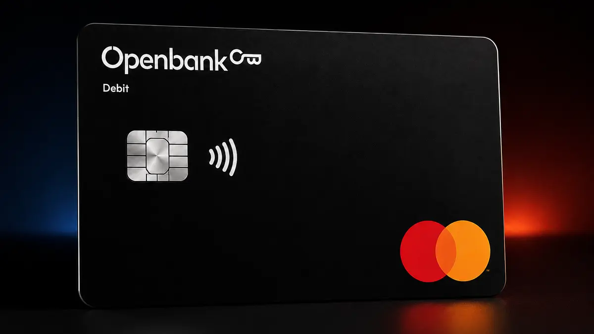 Tarjeta negra de Openbank con la palabra Debit, chip plateado, símbolo contactless y logotipo Mastercard sobre fondo oscuro