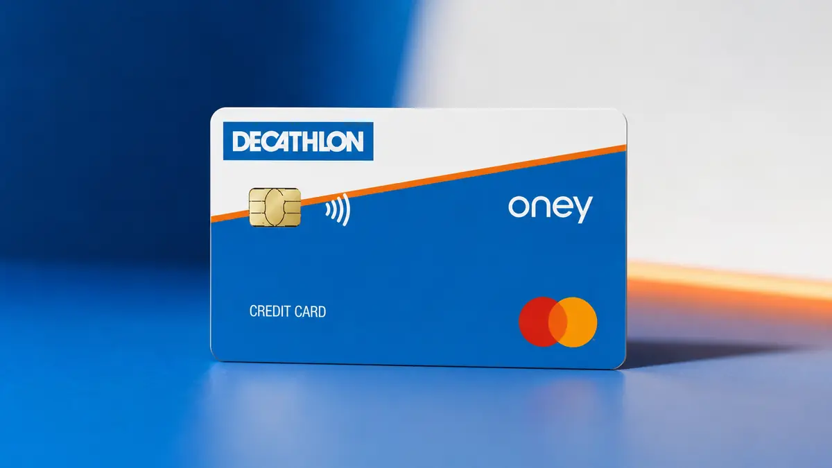 Tarjeta Decathlon azul y blanca con franja naranja en diagonal, logotipo de Oney, chip dorado y marca Mastercard