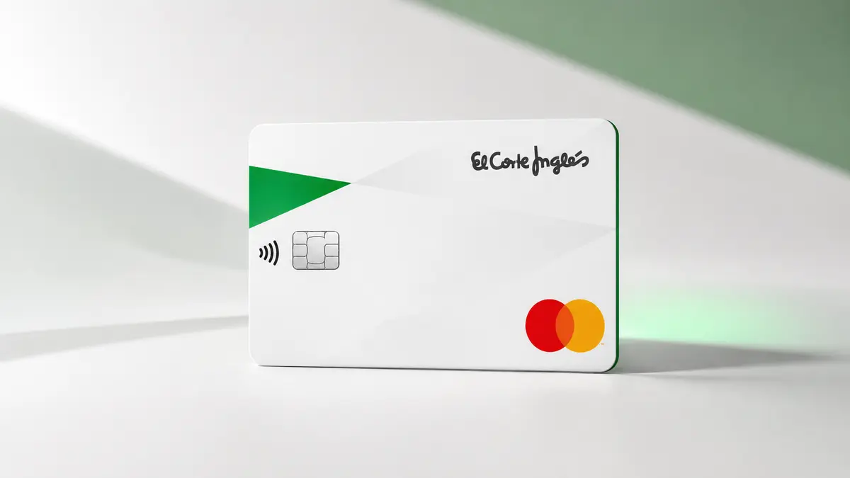 Tarjeta El Corte Inglés Mastercard blanca con un triángulo verde, el logotipo manuscrito del grupo y chip plateado