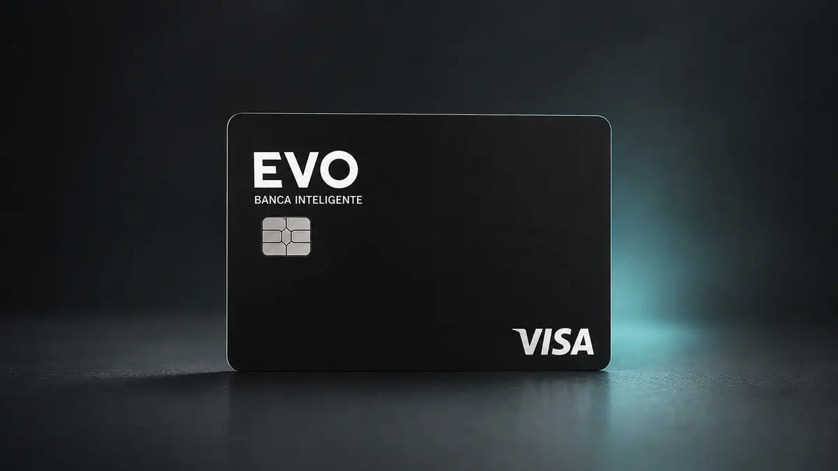 Tarjeta negra de EVO Banco con el logotipo EVO, el lema Banca Inteligente, chip plateado y logo Visa