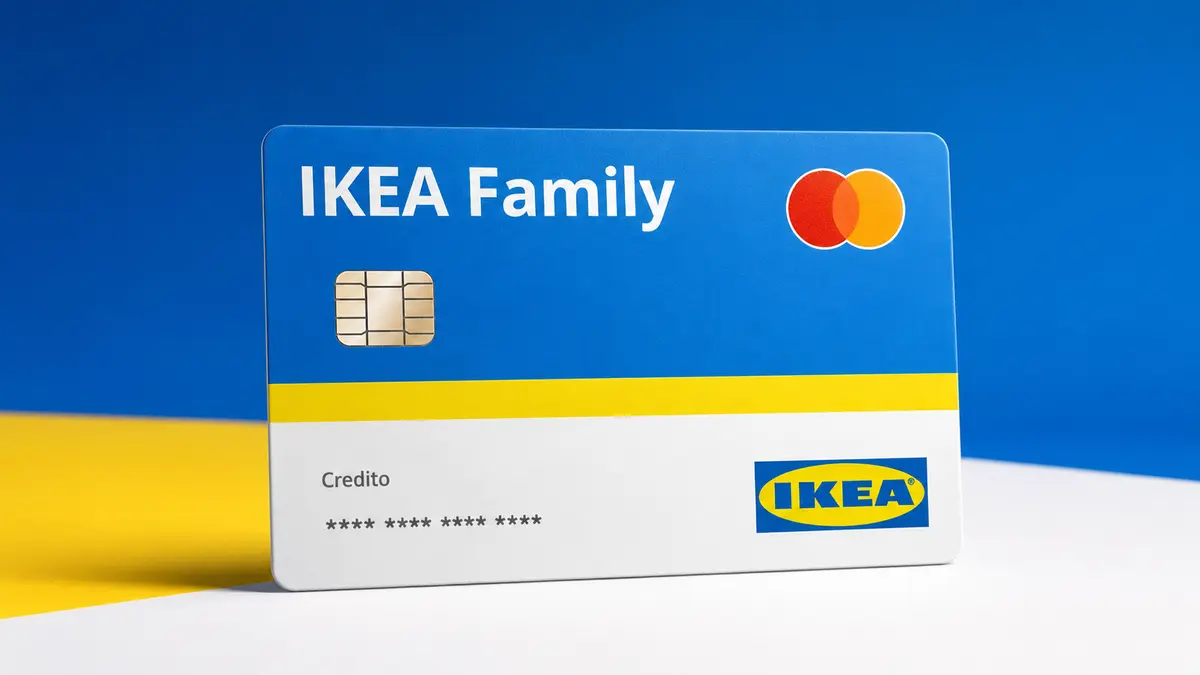 Tarjeta IKEA Family en azul, amarillo y gris con el logotipo de IKEA, chip dorado y marca Mastercard