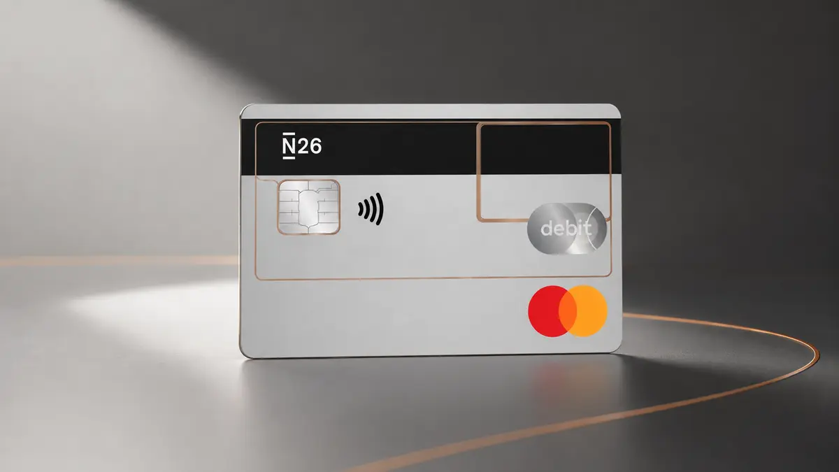 Tarjeta N26 blanca con banda negra superior, chip, contactless, distintivo «debit» y logotipo Mastercard