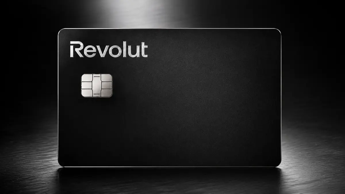 Tarjeta metálica negra de Revolut con el logotipo grabado en plateado y chip metálico, iluminada sobre fondo oscuro