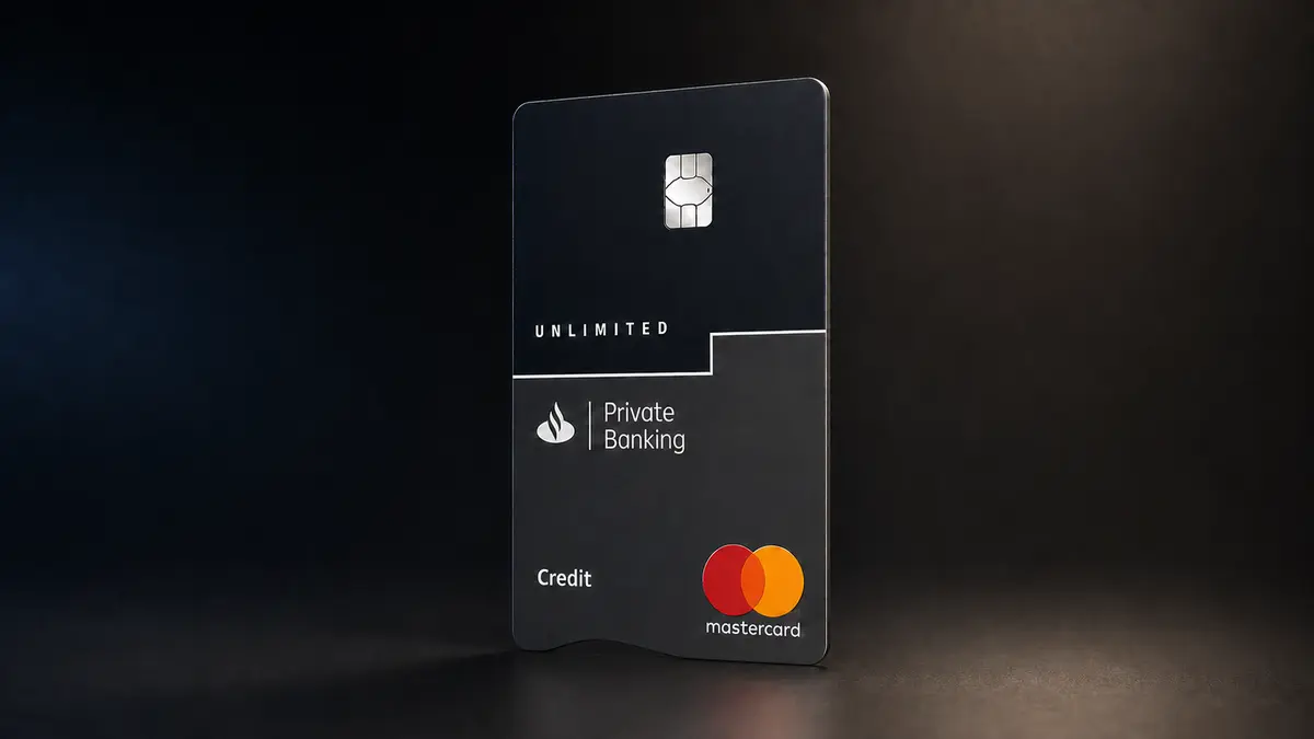 Tarjeta oscura Santander Unlimited con la llama del logotipo, la mención Private Banking y el sello Mastercard