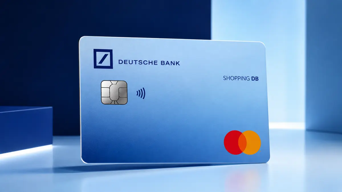 Tarjeta Shopping DB de Deutsche Bank en azul degradado, con el logotipo del banco, chip, contactless y símbolo Mastercard