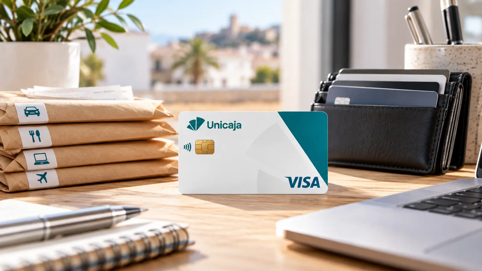 Tarjeta Visa Business Prepago de Unicaja junto a un organizador de gastos de empresa