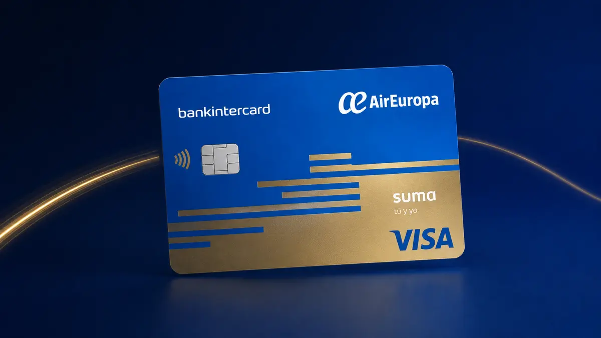 Tarjeta azul y dorada con los logotipos de bankintercard y Air Europa, el sello SUMA «tú y yo» y el símbolo Visa