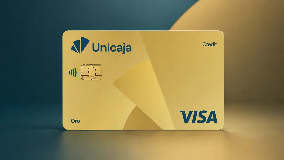 Tarjeta dorada Visa Oro de Unicaja Banco con el logotipo azul del banco, chip dorado y las palabras Credit y Oro