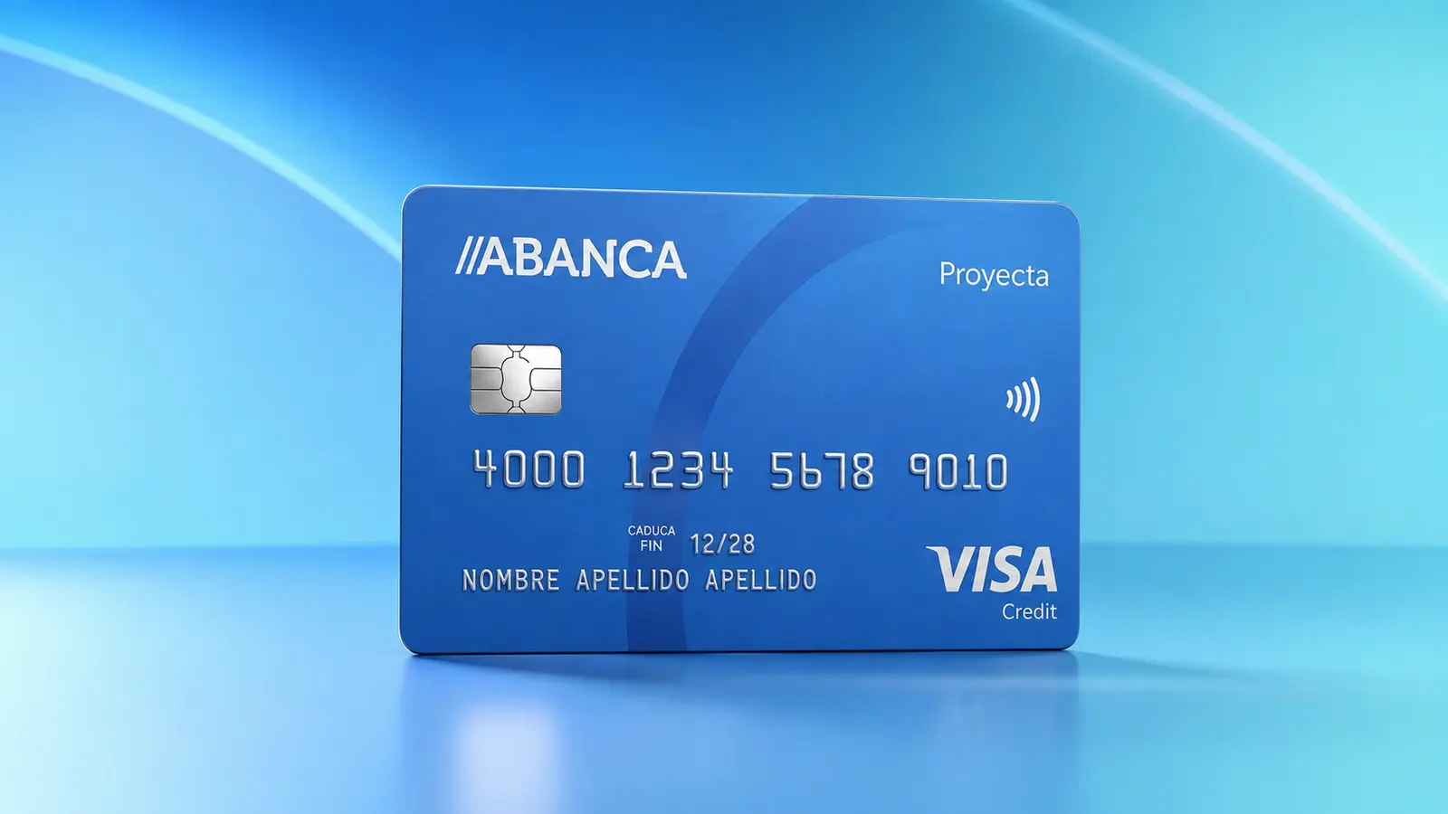 Tarjeta Visa Proyecta de Abanca en azul, con numeración en relieve, chip, contactless y el sello Visa Credit