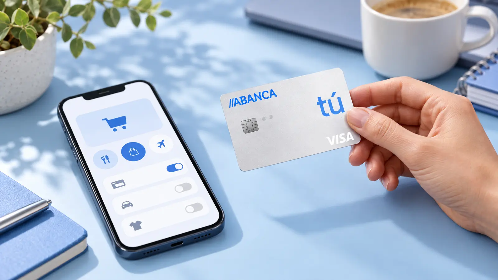 Mano sosteniendo la tarjeta plateada Visa Tú de ABANCA junto a un móvil
