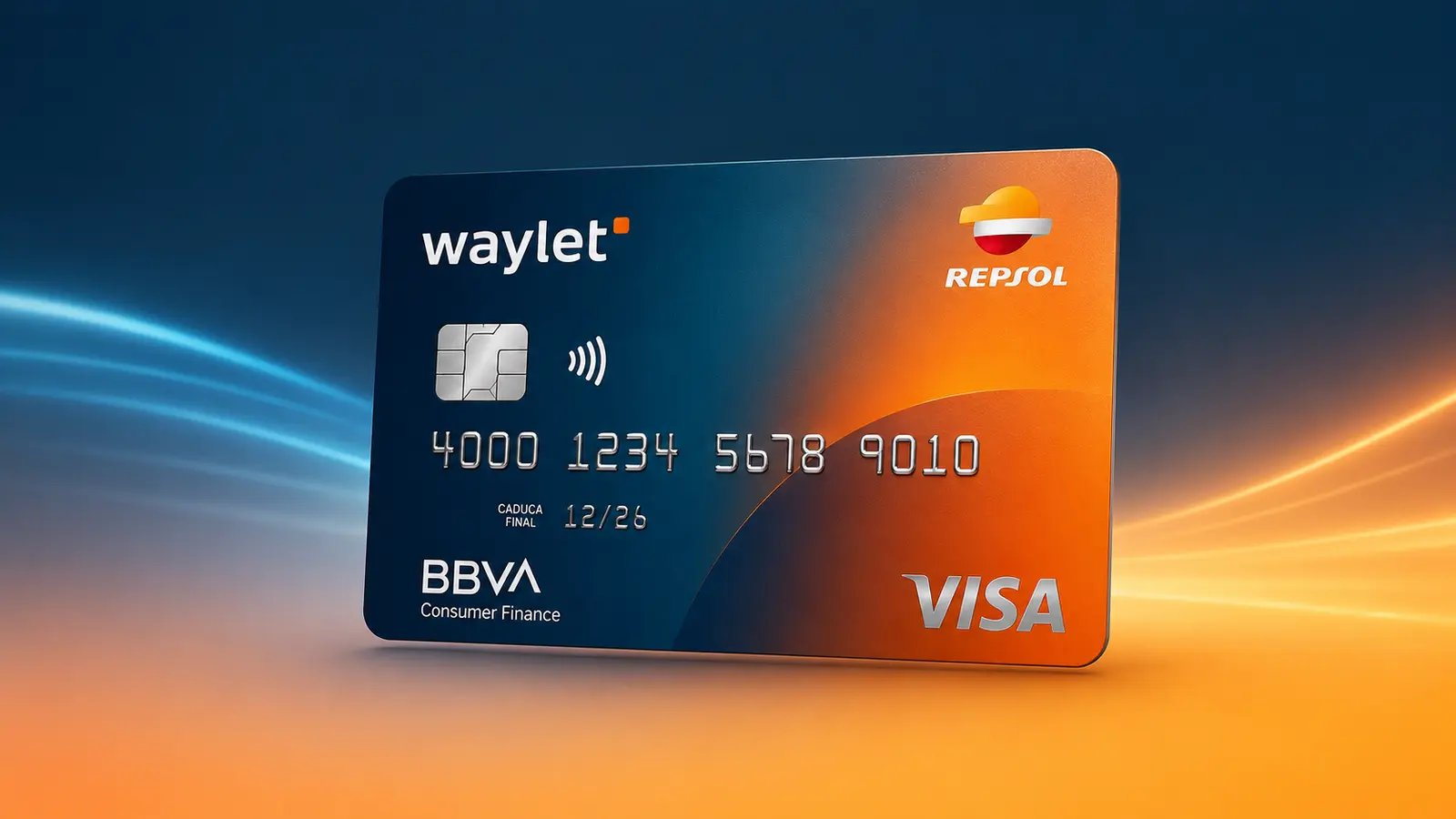 Tarjeta Waylet en degradado azul y naranja con el logotipo de Repsol, la firma BBVA Consumer Finance y el sello Visa