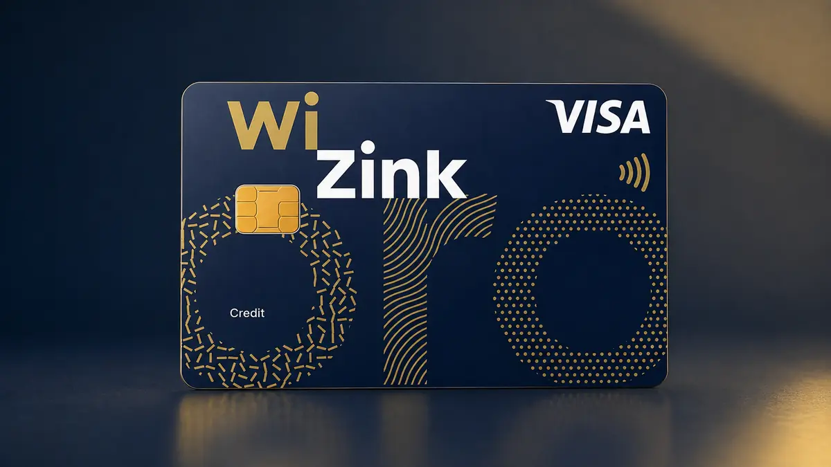 Tarjeta azul marino WiZink con la palabra oro en letras doradas, chip dorado, la mención Credit y logotipo Visa