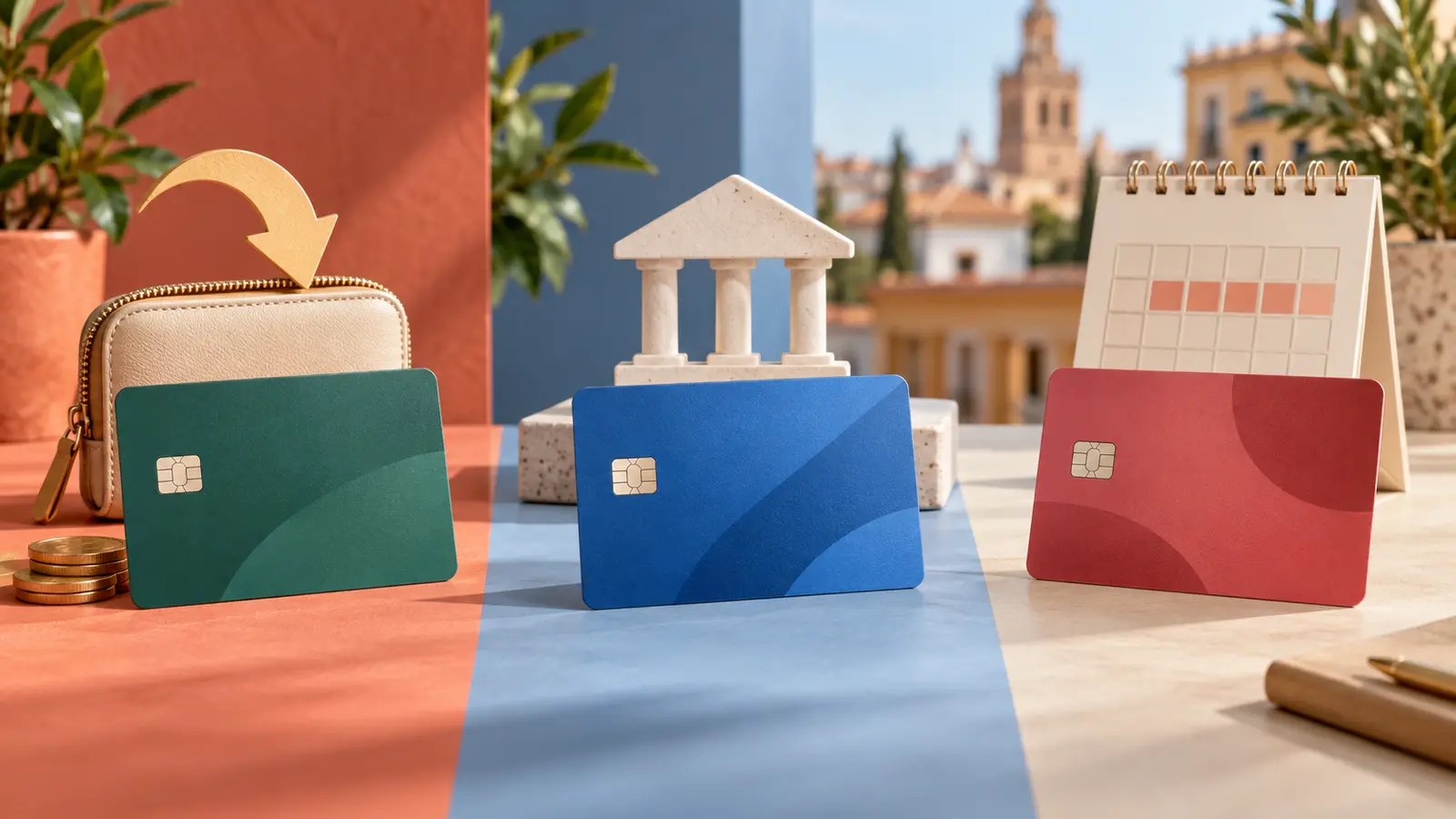 Tres tarjetas bancarias genéricas junto a un monedero, un banco y un calendario
