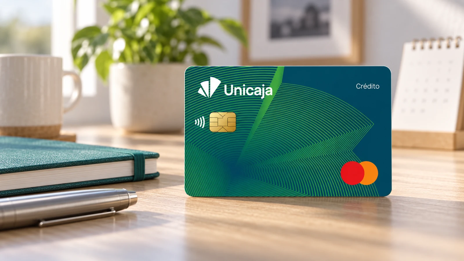 Tarjeta verde Unicaja Mastercard Crédito sobre un escritorio con cuaderno y bolígrafo, iluminado por luz natural.