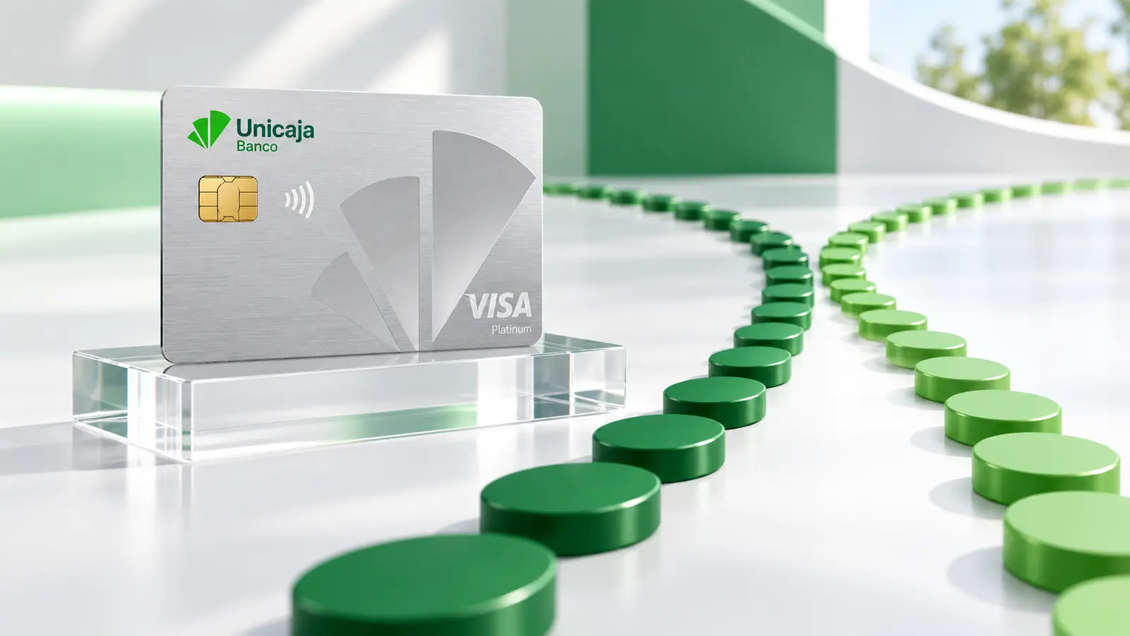 Tarjeta Visa Platinum de Unicaja plateada junto a dos caminos de fichas verdes que convergen