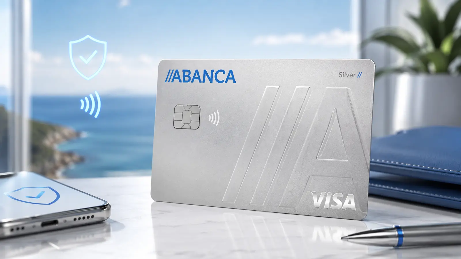 Cartão de crédito ABANCA Silver prateado num ambiente moderno com elementos de pagamento digital