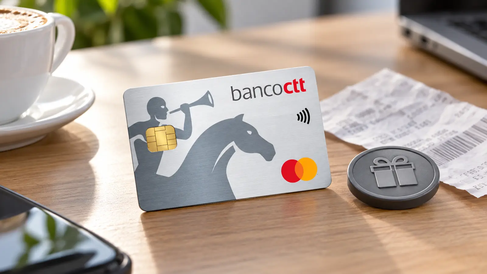 Cartão de Crédito Banco CTT junto a um talão e a um símbolo de recompensa inativo