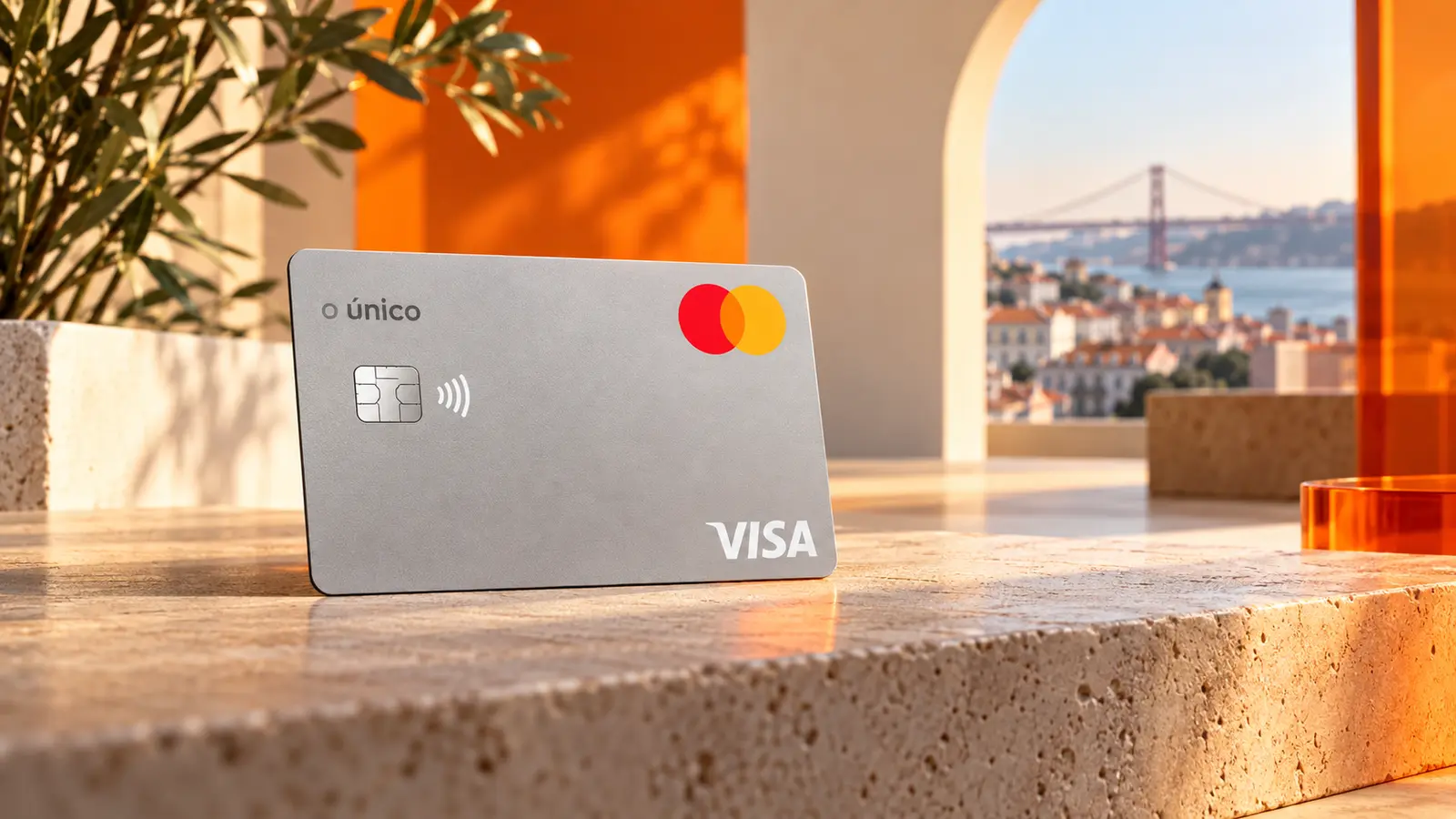 Cartão cinzento BK Classic Visa do Bankinter num cenário luminoso de Lisboa