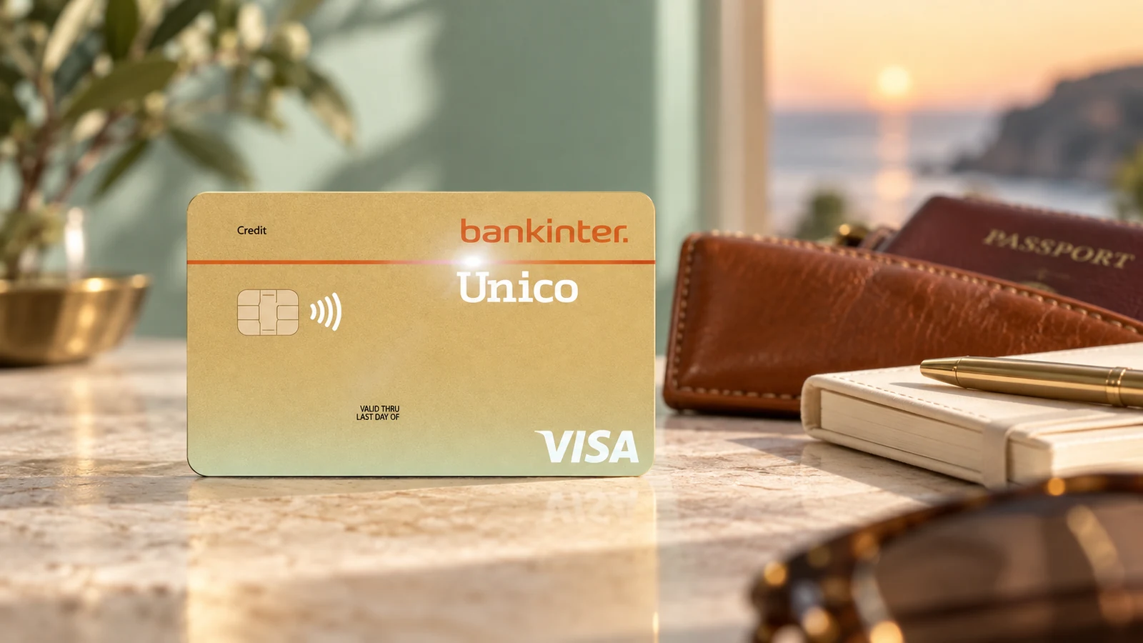 Cartão dourado Bankinter BK Gold junto de uma carteira de passaporte e um caderno, à luz do fim da tarde.