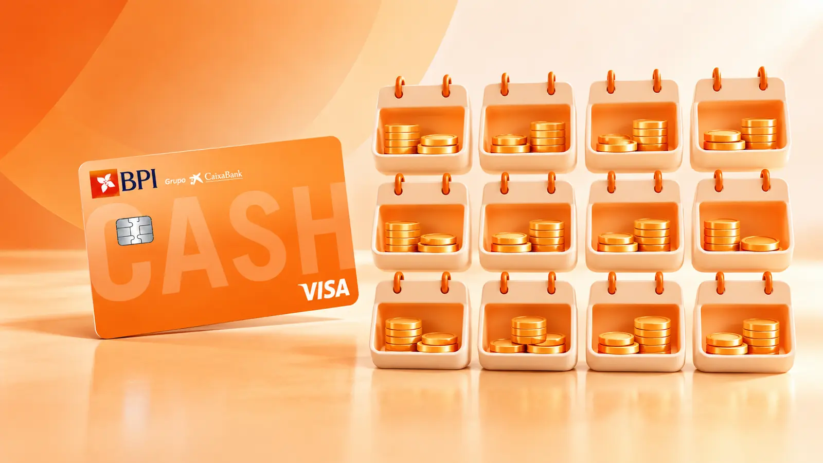 Cartão laranja BPI Cash junto a doze compartimentos mensais com moedas