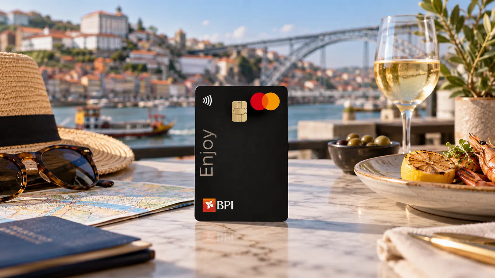 Cartão BPI Enjoy preto numa mesa com elementos de viagem e restauração